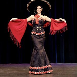 Elegant Black and Red Mexican Dress with Shawl